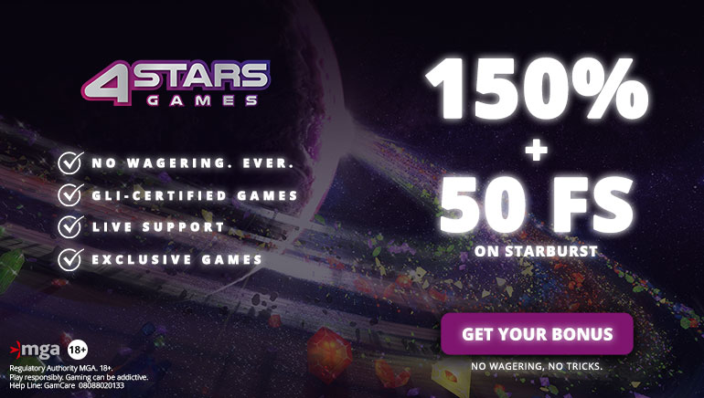 150% Welcome Bonus & 50 Free Spins at 4StarsGames
