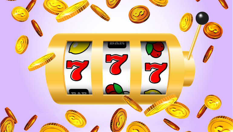Picture of a slot reel surrounded by gold dollar coins.