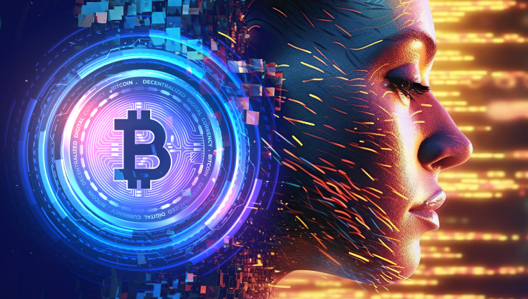 An image of an AI person and Bitcoin cryptocurrency