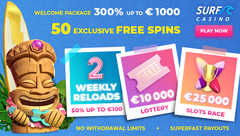 Exclusive! 50 No Deposit Free Spins at Surf Casino