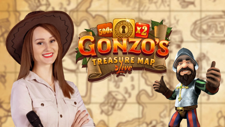 Live casino dealer with Gonzo representing Gonzo's Treasure Map Live