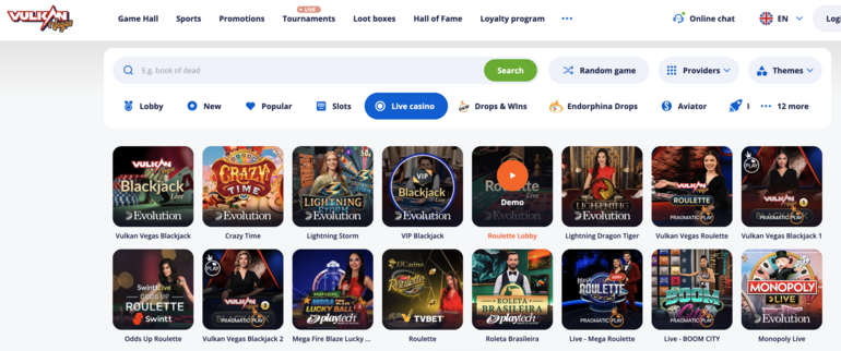 Vulkan Vegas Live Casino Lobby
